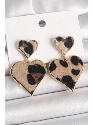 Pirinç Gold Renk Sallantı Leopar Kalp Model Kadın Küpe