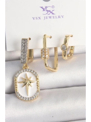 Pirinç Gold Renk Sallantı Zirkon Taş İşlmeli Yıldız Portre Model 3Lü Kadın Kombin Küpe