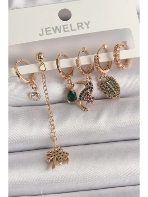 Pirinç Gold Renk Sallantı Zirkon Taşlı Ağaç Figür Kadın Küpe Seti