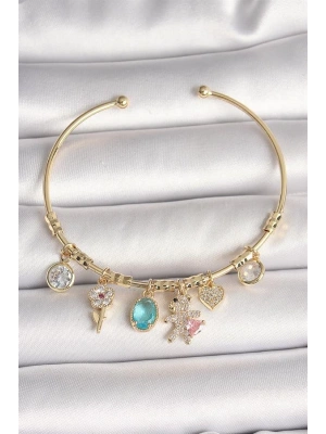 Pirinç Gold Renk Sallantı Zirkon Taşlı AYıcık Figür Kalp Detay Charm Kadın Bileklik