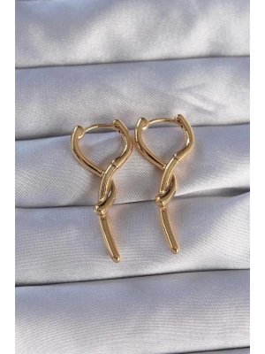 Pirinç Gold Renk Sarmal Çubuk Tasarımlı Uzun Küpe