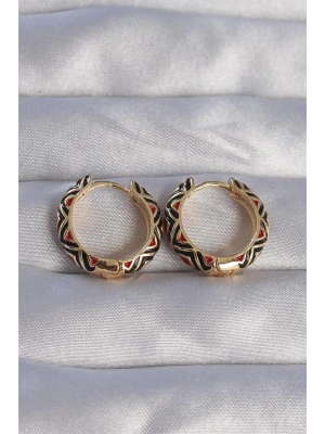 Pirinç Gold Renk Siyah Etnik Desenli Halka Küpe