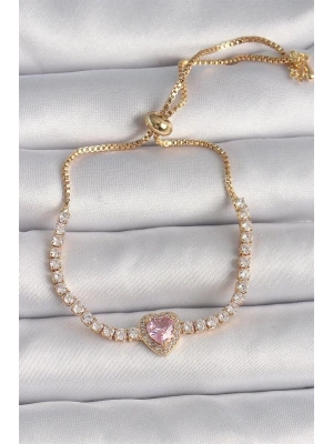 Pirinç Gold Renk Su Yolu Zirkon Taşlı Pembe Zirkon Taşlı Kalp Asansör Model Charm Kadın Bileklik