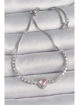 Pirinç Gold Renk Su Yolu Zirkon Taşlı Pembe Zirkon Taşlı Kalp Asansör Model Charm Kadın Bileklik