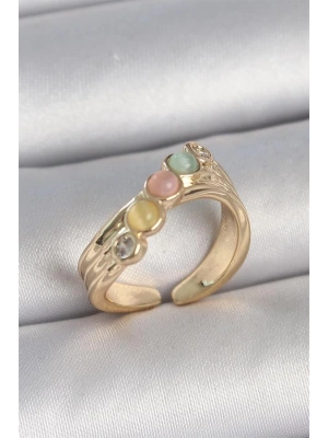 Pirinç Gold Renk Zirkon Taş Detaylı Karışık Mineli Ayarlanabilir Kadın Yüzük