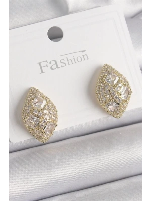 Pirinç Gold Renk Zirkon Taş İşlemeli Damla Model Kadın Küpe