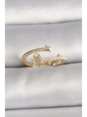 Pirinç Gold Renk Zirkon Taşlı Beyaz Mineli Yıldız Detaylı Ayarlanabilir Kadın Yüzük