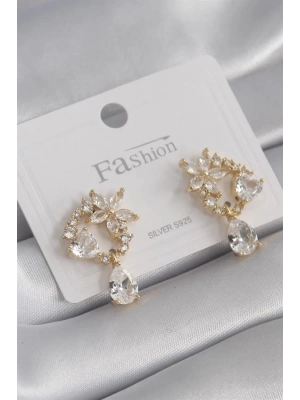 Pirinç Gold Renk Zirkon Taşlı Çiçek Model Sallantı Detay Kadın Küpe