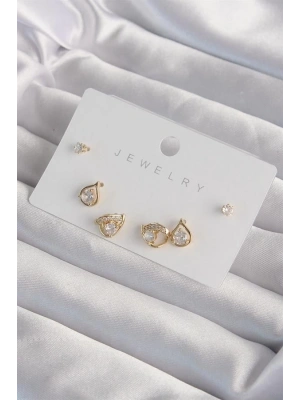 Pirinç Gold Renk Zirkon Taşlı Damla Model Küpe Seti