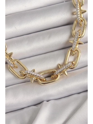 Pirinç Gold Renk Zirkon Taşlı Dikenli Halka Model VIP Exculusive Seri Kadın Kolye