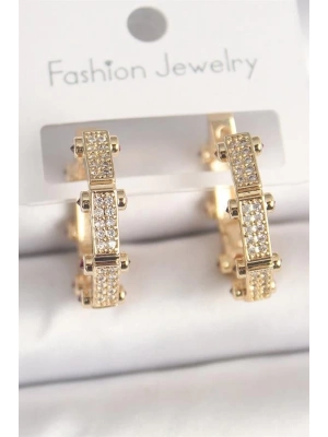 Pirinç Gold Renk Zirkon Taşlı Halka Model Kadın Küpe