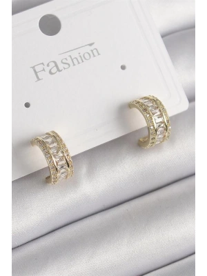 Pirinç Gold Renk Zirkon Taşlı Halka Model Kadın Küpe