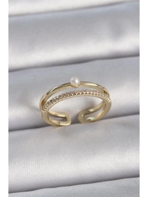 Pirinç Gold Renk Zirkon Taşlı İnci Detay Ayarlanabilir Model Kadın Yüzük