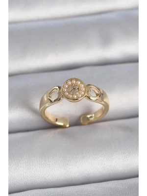 Pirinç Gold Renk Zirkon Taşlı İncili Kalp İşleme Detay Ayarlanabilir Kadın Yüzük