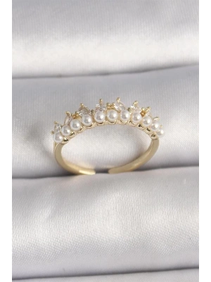 Pirinç Gold Renk Zirkon Taşlı İncili Taç Model Ayarlanabilir Kadın Yüzük