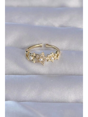 Pirinç Gold Renk Zirkon Taşlı İncili Yıldız Model Ayarlanabilir Yüzük