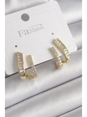 Pirinç Gold Renk Zirkon Taşlı Kadın Küpe