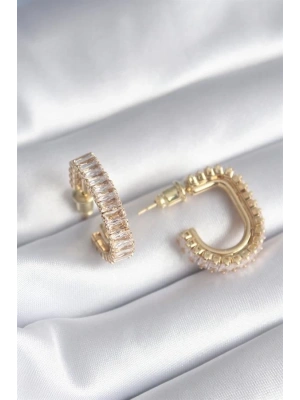 Pirinç Gold Renk Zirkon Taşlı Kadın Küpe