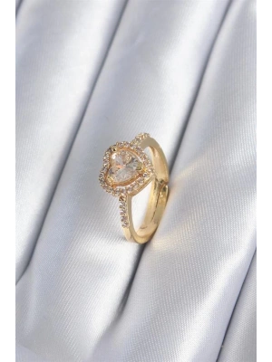 Pirinç Gold Renk Zirkon Taşlı Kalp Charm Model Kadın Yüzük