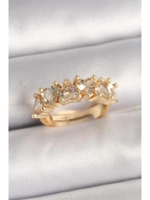Pirinç Gold Renk Zirkon Taşlı Kalp Model Ayarlanbilir Kadın Yüzük