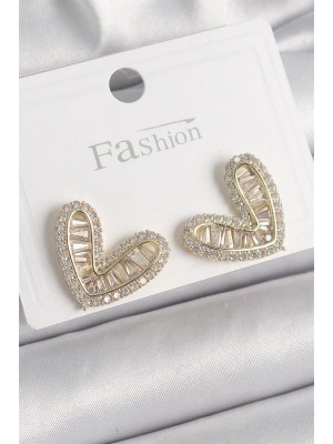 Pirinç Gold Renk Zirkon Taşlı Kalp Model Kadın Küpe