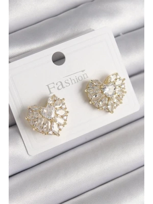 Pirinç Gold Renk Zirkon Taşlı Kalp Model Kadın Küpe