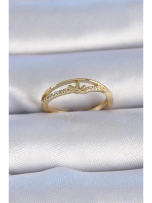 Pirinç Gold Renk Zirkon Taşlı Kalp Model Kadın Yüzük