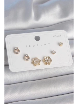 Pirinç Gold Renk Zirkon Taşlı Kar Tanesi Model 925 Ayar Gümüş Çivi Kadın Küpe Seti