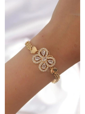 Pirinç Gold Renk Zirkon Taşlı Kelebek Figürlü Parçalı Model Bileklik