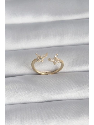 Pirinç Gold Renk Zirkon Taşlı Kelebek Model Kadın Yüzük