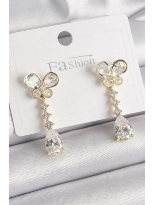 Pirinç Gold Renk Zirkon Taşlı Kelebek Model Sallantı Damla Zirkon Taş Kadın Küpe