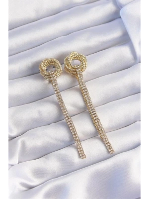 Pirinç Gold Renk Zirkon Taşlı Kıvrım Detay Sallantılı Küpe