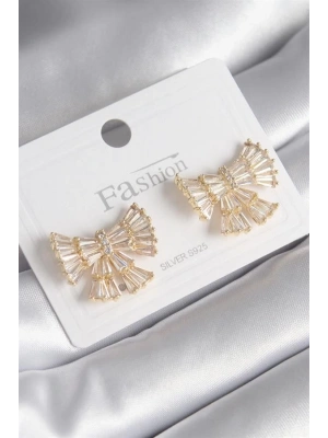 Pirinç Gold Renk Zirkon Taşlı Kurdele Model Kadın Küpe