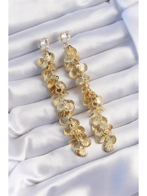 Pirinç Gold Renk Zirkon Taşlı Minimal Deniz Kabuklu Sallantılı Küpe