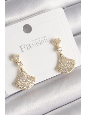 Pirinç Gold Renk Zirkon Taşlı Motif Model Kadın Küpe