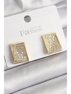 Pirinç Gold Renk Zirkon Taşlı Plaka Model Kadın Küpe