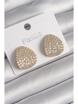 Pirinç Gold Renk Zirkon Taşlı Plaka Model Kadın Küpe