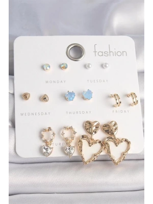 Pirinç Gold Renk Zirkon Taşlı Sallantı Beyaz Sedefli Kalp Model 7 Çift Kadın Küpe Seti