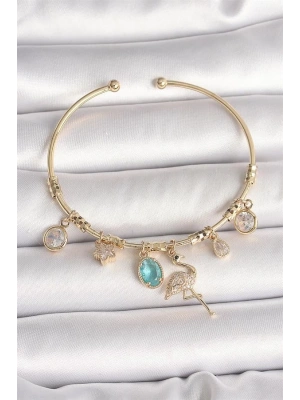 Pirinç Gold Renk Zirkon Taşlı Sallantı Filamingo Figür Charm Kadın Bileklik