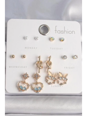 Pirinç Gold Renk Zirkon Taşlı SAllantı Kalp Düğüm Figür 7 Çift Kadın Küpe Seti