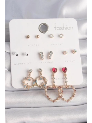 Pirinç Gold Renk Zirkon Taşlı Sallantı Kalp Figür 7 Çift Kadın Küpe Seti