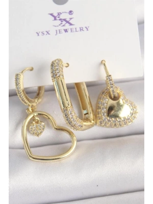 Pirinç Gold Renk Zirkon Taşlı Sallantı Kalp Model 3Lü Kadın Kombin Küpe