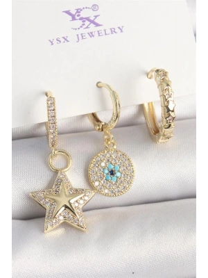Pirinç Gold Renk Zirkon Taşlı Sallantı Yıldız Model Nazar Boncuk Detay 3Lü Kadın Kombin Küpe