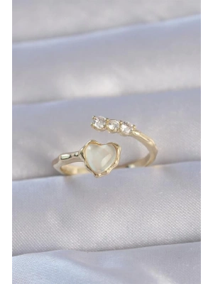 Pirinç Gold Renk Zirkon Taşlı Sedefli Kalp Model Ayarlanabilir Yüzük