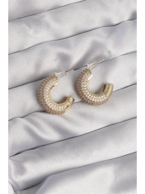 Pirinç Gold Renk Zirkon Taşlı Yarım Halka Küpe