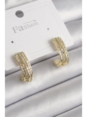Pirinç Gold Renk Zirkon Taşlı Yarım Halka Model Kadın Küpe