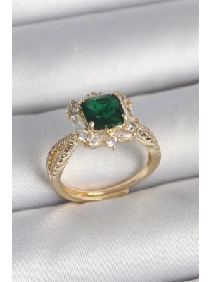 Pirinç Gold Renk Zirkon Taşlı Yeşil Kare Tektaş Model Kadın Yüzük
