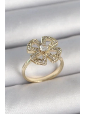 Pirinç Gold Renk Zirkon Taşlı Yonca Model Ayarlanabilir Kadın Yüzük