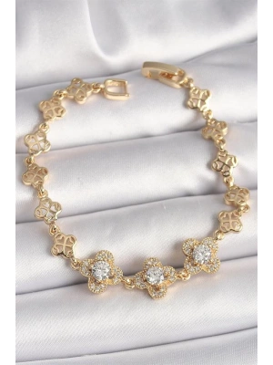 Pirinç Gold Renk Zirkon Taşlı Yonca Model Kadın Bileklik