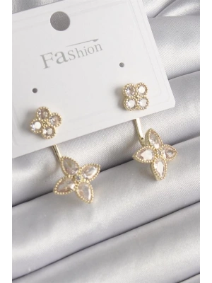 Pirinç Gold Renk Zirkon Taşlı Yonca Model Kadın Küpe